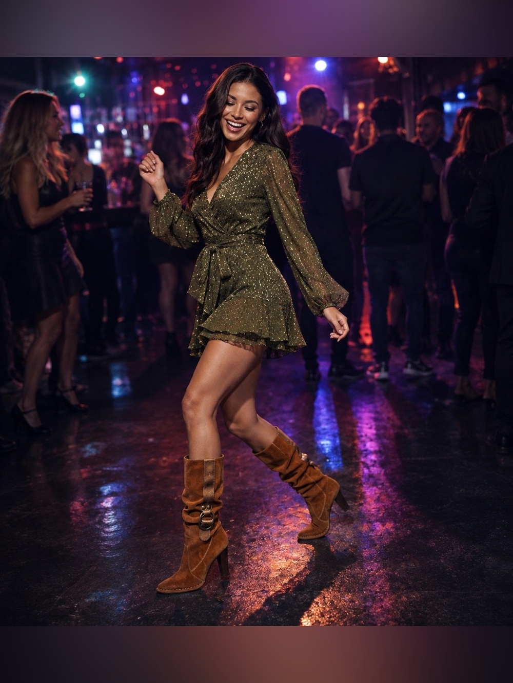 Hot In Hollywood Camel Suede Metallic Strap Slouch Heel Boots